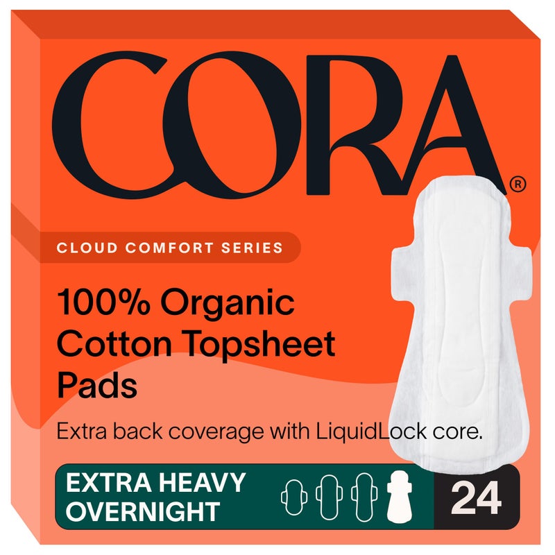 Cora 100 Organic Cotton Topsheet Pad Ultra Thin Period Pads with Wings Extra Heavy Overnight Absorbency Unscented UltraAbsorbent Sanitary Pads for Women 24 Count - Image 1